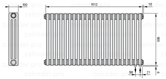 Схема (чертеж) Радиатор Zehnder Charleston 3090/22 №5510 Белый глянцевый RAL 9016